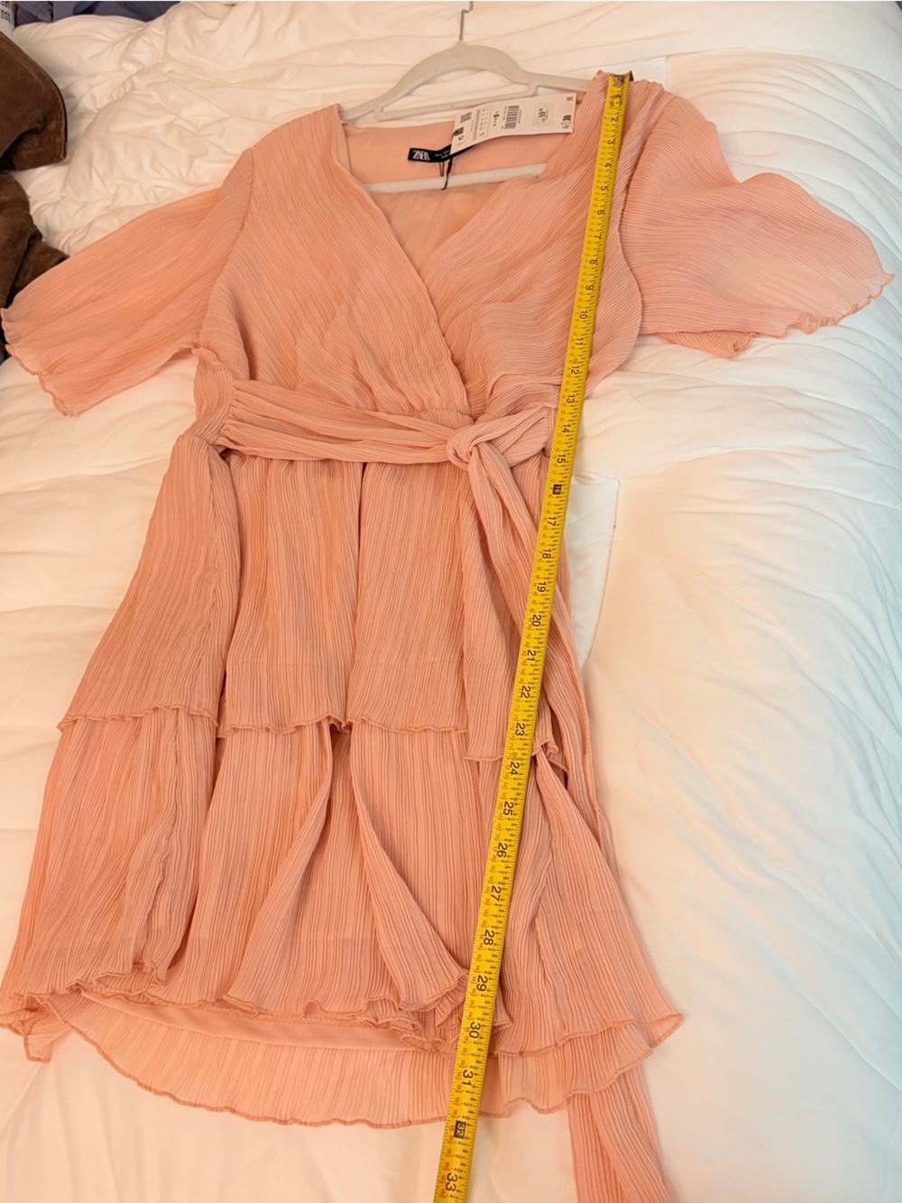 Zara NWT Textured Wrap Mini Dress Peach Blush Tiered Ruffle Size Large - Picture 7 of 9